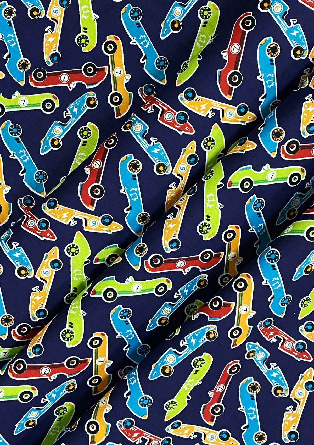 Cars Cotton Printed Fabric 45" Wide Sports Racing Cars 100% Craft Poplin Dressing Material D#203 - Navy