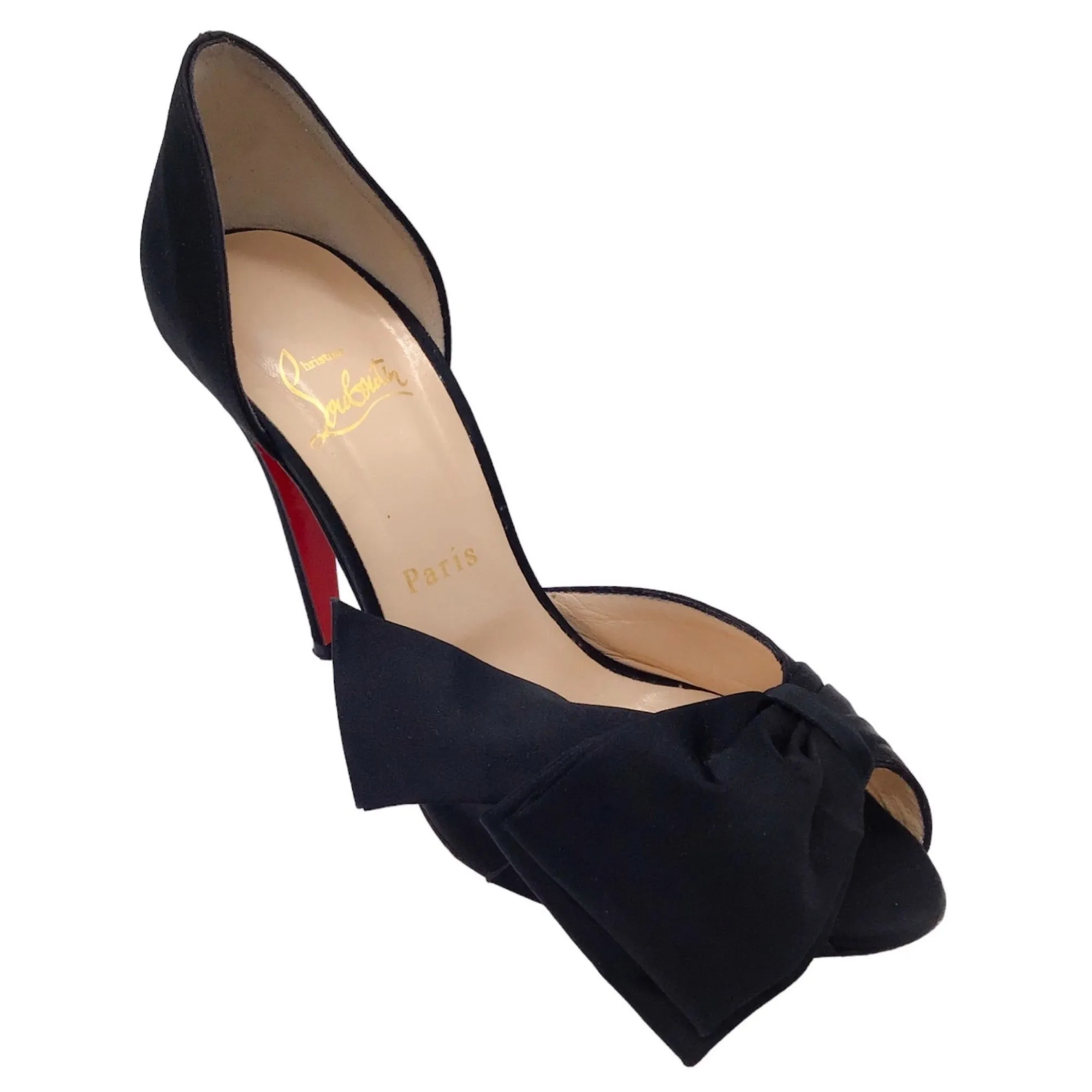 Christian Louboutin Black Bow Detail Satin Peep Toe Pumps