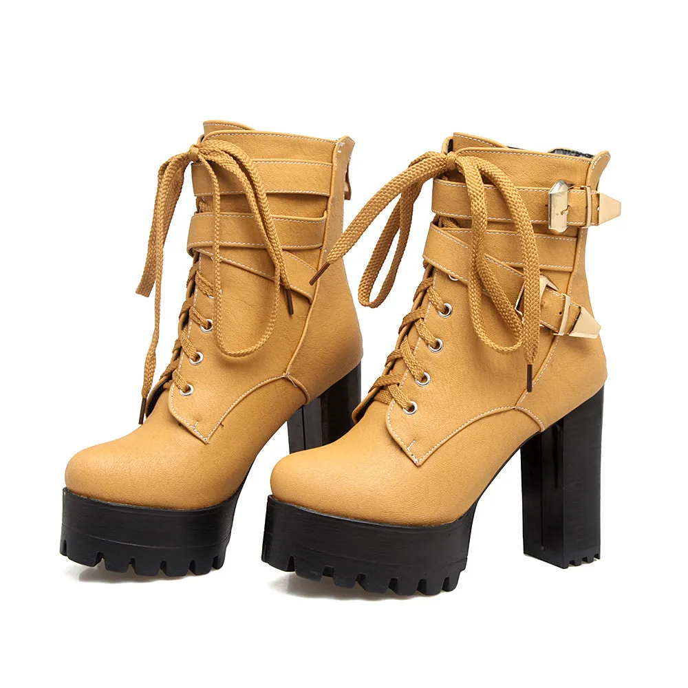 Chunky Platform Thick Heel Lace-Up Buckle Strapped Boots