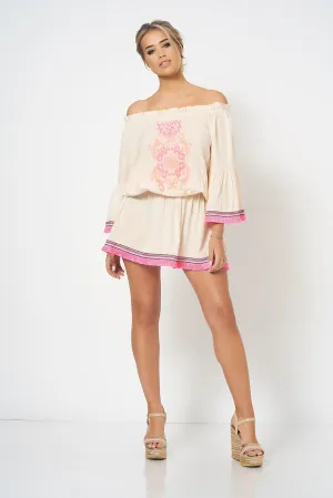 Cream Embroidered Fringe Detail Bardot Kaftan