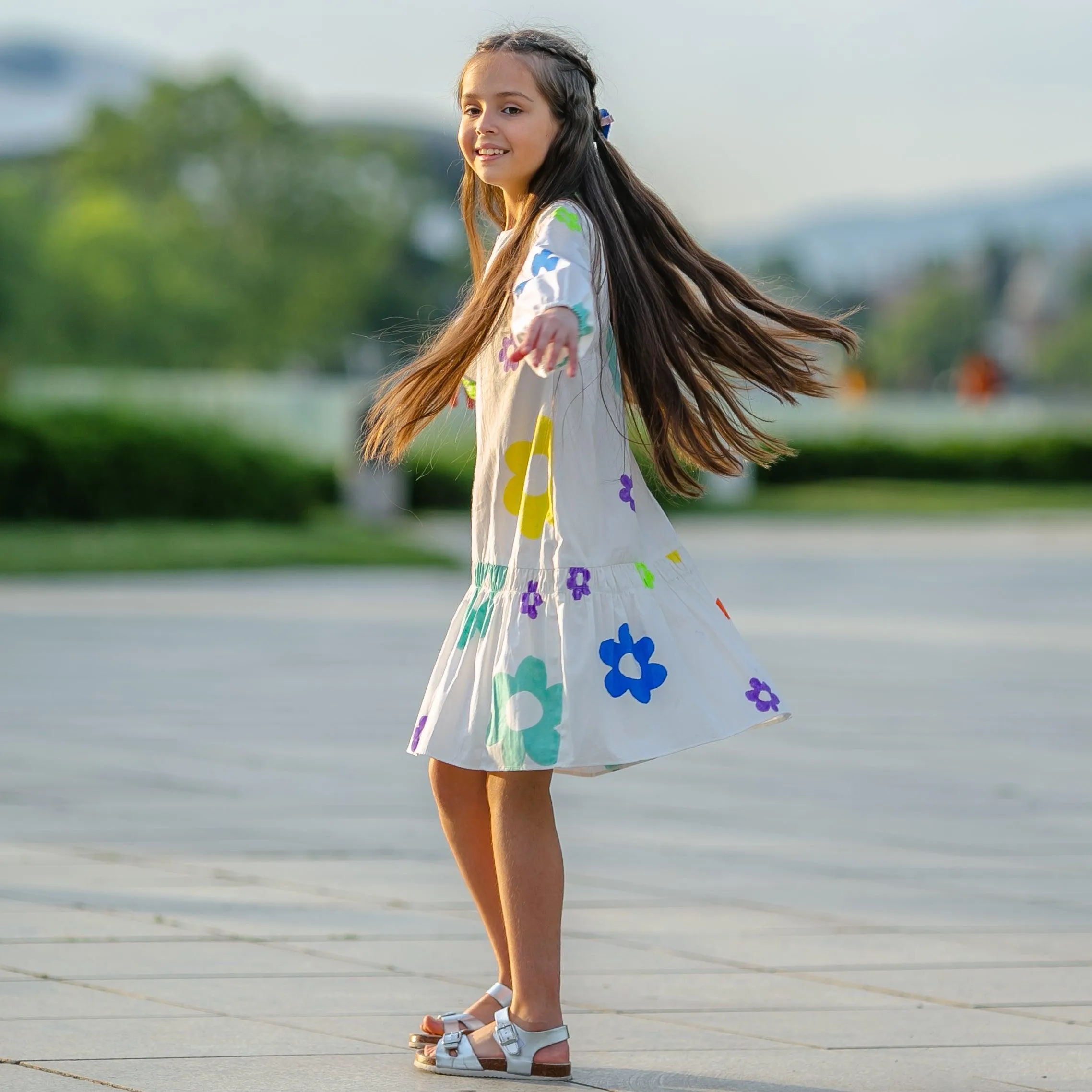 Dreamcatcher-  White Dress with Multi-Coloured Flowers for Girls