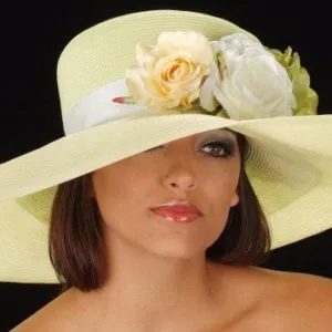 OE8005-Light yellow straw derby ladies hat with flowers