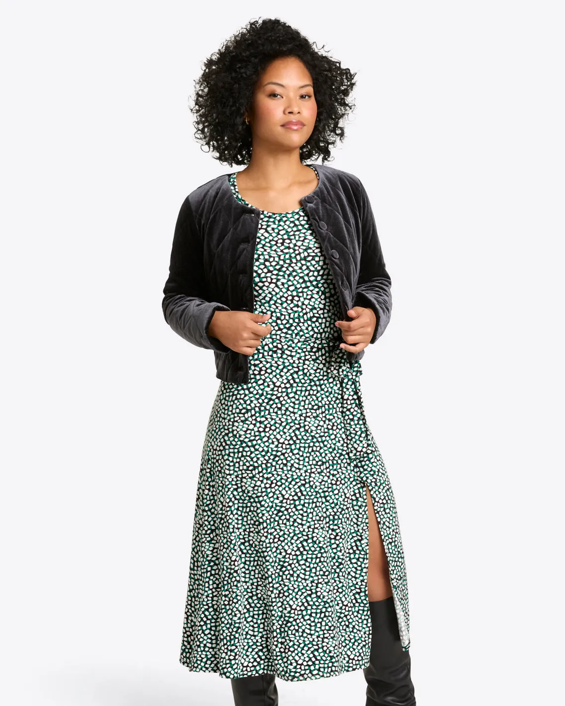 Robin Long Sleeve Midi Dress in Green Square Dot