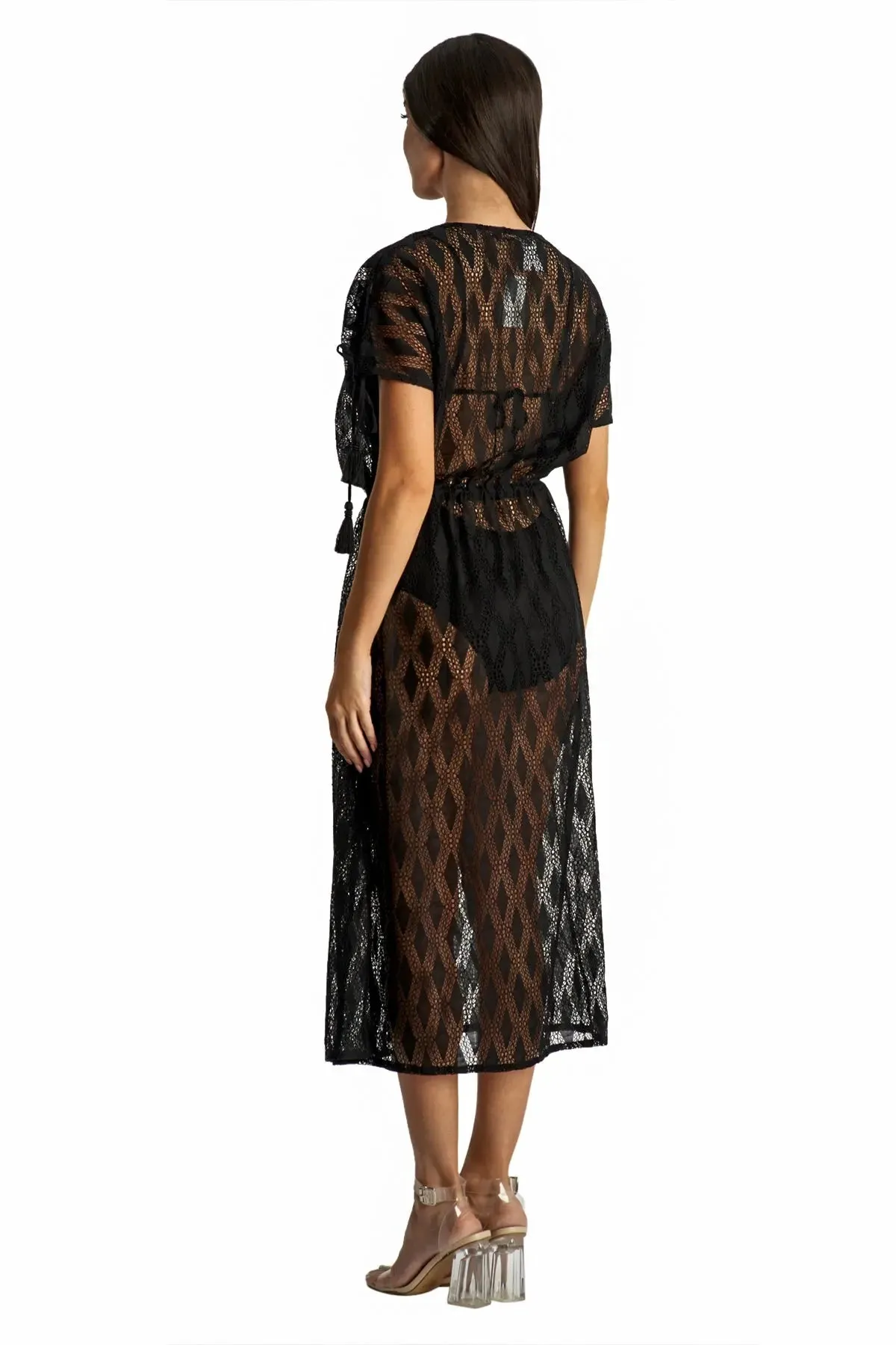 Sheer Lace Tie Front Kimono Cover Up - New